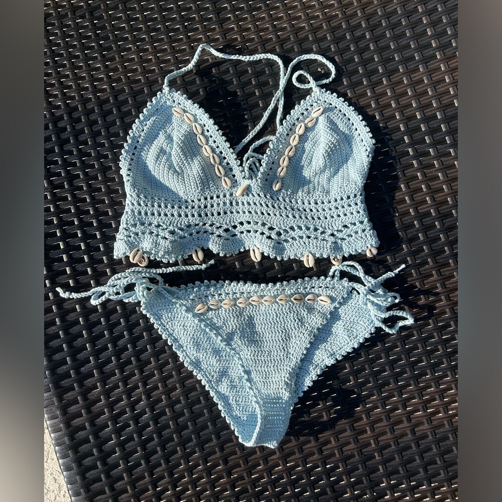 Crochet top and bottom baby blue with seashells bikini swim set